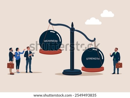 Weakness and strength balance on the scale. Balance and justice for leadership concept. Modern vector illustration in flat style