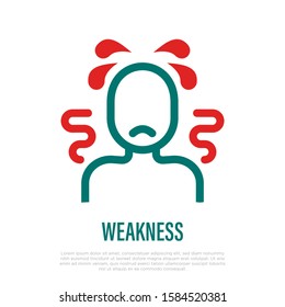 Weakness thin line icon. Man feels tired and ill. Symptom of infection, influenza or flu. Vector illustration.