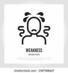 Weakness thin line icon. Man feels tired and ill. Symptom of infection, influenza or flu. Vector illustration.