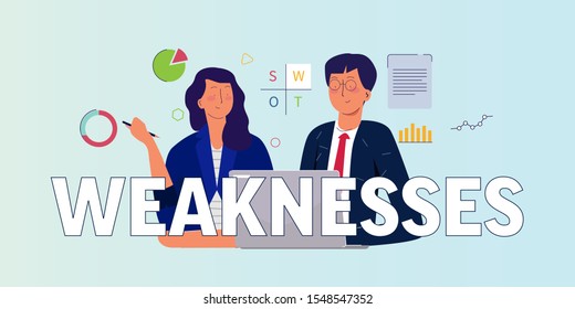 Weaknesses element of SWOT analysis. Business marketing process looking at data.
