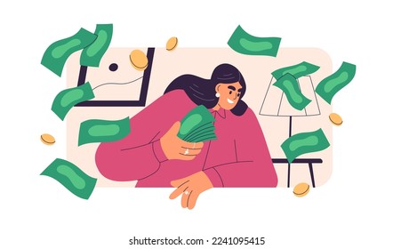 Wealth, abundance concept. Happy rich person spending, wasting money. Wealthy millionaire spender with excessive cash. Financial prosperity. Flat vector illustration isolated on white background