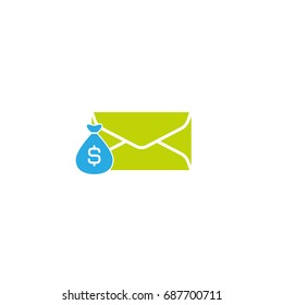 Wealth Account Bank Statement Message Dollar. Green letter icon with blue bag with dollar sign. Vector flat icon isolated on white.