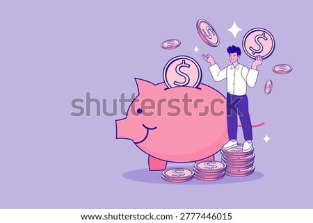 Wealth accumulation concept with man standing on stack of coins near large piggy bank. Vibrant illustration for financial success, investment profit, passive income, and smart money management.