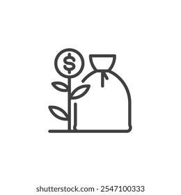 Ícone de linha de acumulação de riqueza. sinal de estilo linear para conceito móvel e web design. Saco de dinheiro e planta ícone vetorial. Símbolo de estabilidade financeira e planeamento futuro, ilustração com logotipo
