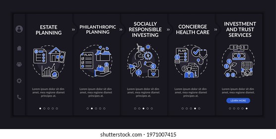 Wealth advice onboarding vector template. Responsive mobile website with icons. Web page walkthrough 5 step screens. Socially responsible investing night mode concept with linear illustrations