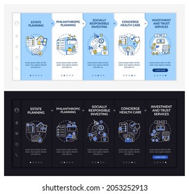 Wealth Advice Onboarding Vector Template. Responsive Mobile Website With Icons. Web Page Walkthrough 5 Step Screens. Concierge Health Care Night And Day Mode Concept With Linear Illustrations