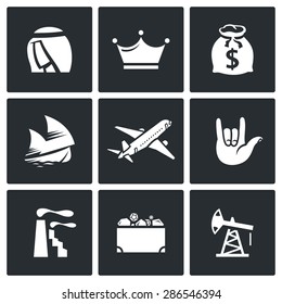 The wealth of Arab sheikhs icons set. Vector Illustration.
Isolated Flat Icons collection on a black background for design