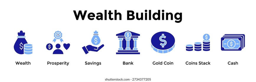 Conjunto de iconos de construcción de riqueza. Contiene Riqueza, Prosperidad, Ahorros, Banco, Moneda de Oro, Monedas, Monedas en Efectivo