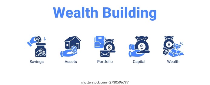 Concepto de Ilustración vectorial de icono de Anuncio de Web de construcción de riqueza, con icono de ahorro, Elementos, Cartera.