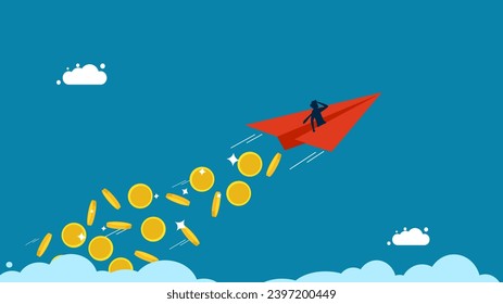 Wealth. businessman controls a confetti rocket coins in the sky. vector 