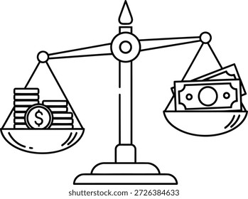 Moedas de comparação de riqueza vs notas em balanças