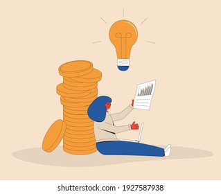 Wealth concept. Business idea for profit. Save money. Young startuper have a plan. Female person finds a sponsors and investors for her new project. Vector color line art illustration.