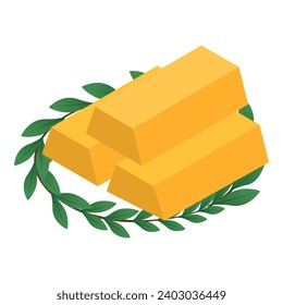 Wealth concept icon isometric vector. Three golden bar near green branch icon. Precious metal, gold investment