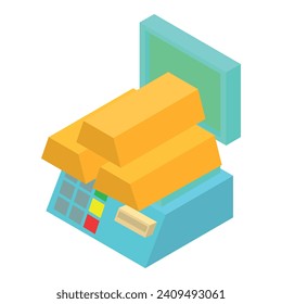 Wealth concept icon isometric vector. Three golden bullion on cash register icon. Golden financial reserve, precious metal investment