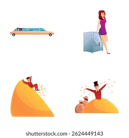 Wealth concept icons set cartoon vector. Human near limousine, safe and coin pile. Success concept