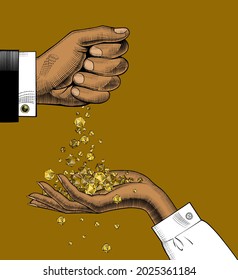 Wealth concept. A man pours diamonds into a woman's palm. Male hand gives diamonds to a female hand. Retro concept poster and banner. Vector illustration