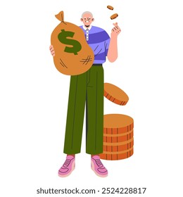 Wealth concept. A smiling businessman holding a large money bag with coins falling into stacked coin piles. Financial success and savings. Vector illustration.