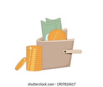 Wealth concept. Wallet with money isolated on white background.  Purse with banknotes and coin. Line art vector illustration. 