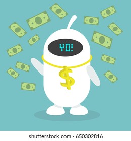 Wealth conceptual illustration. Robot wearing golden chain / flat editable vector illustration, clip art