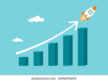 Wealth or earning rising up graph. Business sales or profit increase concept. Financial report graph with arrow from flying rocket.