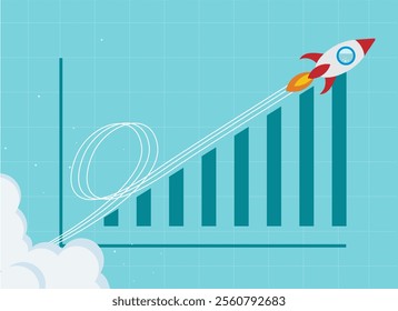 Wealth or earning rising up graph. Business sales or profit increase concept. Financial report graph with arrow from flying rocket