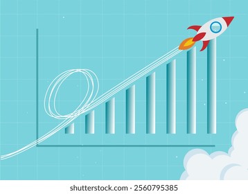 Wealth or earning rising up graph. Business sales or profit increase concept. Financial report graph with arrow from flying rocket