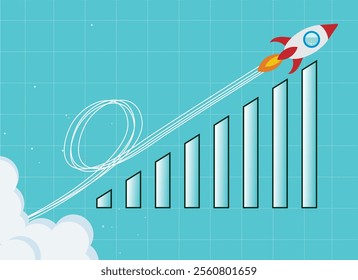 Wealth or earning rising up graph. Business sales or profit increase concept. Financial report graph with arrow from flying rocket