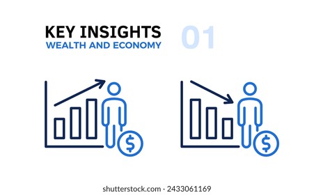 Wealth and Economic Performance: Man with Money Symbol Thin Line Icon, Vector Illustration of Economy and Economic Growth and Development and Finance Graphs Going Up and Down with an Arrow 