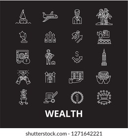 Wealth editable line icons vector set on black background. Wealth white outline illustrations, signs, symbols