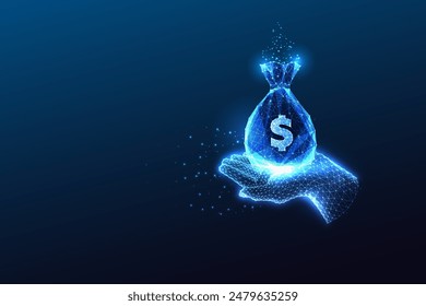 Wealth, finance, economic prosperity futuristic conceptual image with hand holds money bag on dark blue background. Glowing low polygonal style. Modern abstract conncection design vector illustration