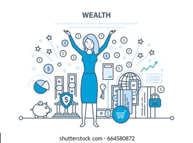 Wealth, Financial Investments And Success, Marketing, Security Of Deposits, Guarantee Of Secure Financial Savings And Money Turnover. Illustration Thin Line Design Of Vector Doodles