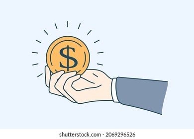 Konzept der Vermögens- und Finanzstabilität. Hand von Geschäftsmann in Anzug, der eine riesige goldene Münze auf blauem Hintergrund, Vektorgrafik 