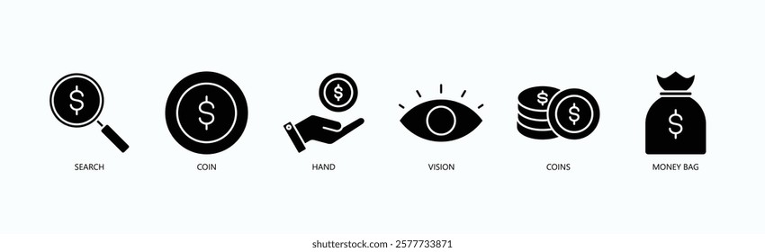 Wealth Finder Icon Set Isolated Vector With Icon Of Search, Coin, Hand, Vision, Coins, Money Bag In Glyph Style