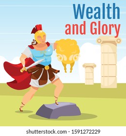 Wealth and glory social media post mockup. Greek mythology scene. Jason and golden fleece. Web banner design template. Social media booster, content layout. Poster with flat illustrations