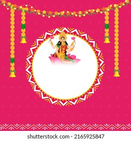 Wealth Goddess Lakshmi With Empty Circular Frame, Lighting And Floral Garland (Toran) On Pink Background.