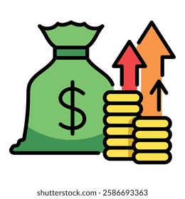 Wealth growth color-filled round line vector icon with editable stroke, symbolizing increasing financial success, investment, and economic prosperity.