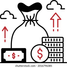 Wealth Growth Concept, Money Bag and Stack of Coin Vector Icon Design, Business and Management Symbol, Banking and finance Sign, ECommerce and Delivery Stock illustration