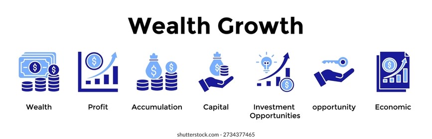 Conjunto de iconos de crecimiento de riqueza. Conteniendo la riqueza, beneficio, acumulación, capital, oportunidades de inversión, oportunidad, económico