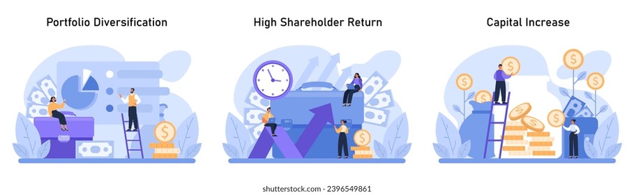 Wealth growth strategies set. Exploring portfolio diversification, maximizing shareholder value, and fostering capital increase. Financial prosperity visualized. Flat vector illustration