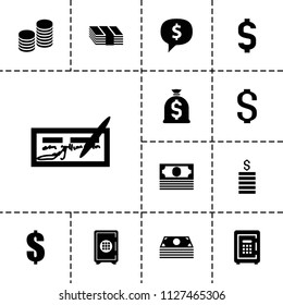 Wealth icon. collection of 13 wealth filled icons such as dollar, safe, coin, money, dollar sign in cloud, check, safe, coin. editable wealth icons for web and mobile.