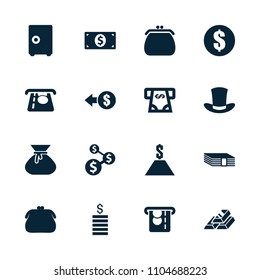 Wealth icon. collection of 16 wealth filled icons such as atm money withdraw, money, coin, purse, money dollar, gold bar, dollar. editable wealth icons for web and mobile.