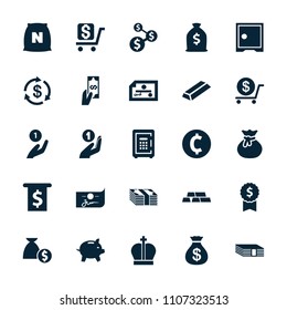 Wealth icon. collection of 25 wealth filled icons such as money, money sack, dollar, gold, sack, safe, crown, coin on hand, check. editable wealth icons for web and mobile.