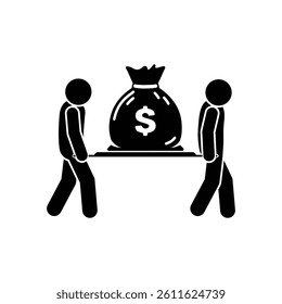 wealth icon, people carry money bag, sticks stickman figure pictogram, isolated human silhouette