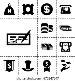 Wealth icon. set of 13 filled wealthicons such as sack, coin, atm money withdraw, money on hand, hat, dollar coin, money, check, dollar award, dollar sign