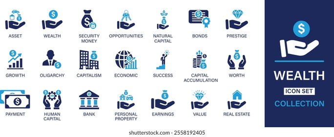 Wealth icon set. Asset, opportunities, natural capital, bonds, prestige, growth, oligarchy, capitalism, economic, success.  And solid icon set collection.