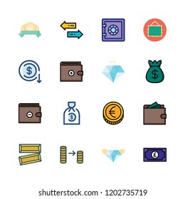 wealth icon set. vector set about money bag, safebox, frame and coin icons set.