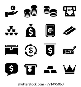 Wealth icons. set of 16 editable filled wealth icons such as money, gold, atm money withdraw, chest, hand on coin, coin, crown, safe, dollar sign in cloud, check
