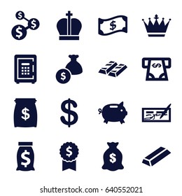 Wealth icons set. set of 16 wealth filled icons such as crown, coin, gold, atm money withdraw, money sack, safe, check, dollar sign