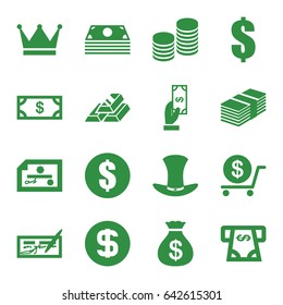 Wealth icons set. set of 16 wealth filled icons such as money, money sack, payment, dollar, hat, coin, dollar coin, gold bar, crown