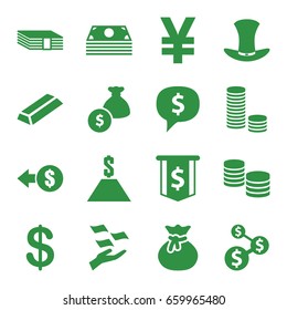 Wealth icons set. set of 16 wealth filled icons such as coin, gold, money on hand, hat, money bag, dollar, money, sack, coin, dollar sign in cloud, dollar sign